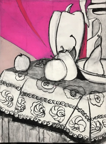 Apples, Pears, Pepper, Pink
charcoal and oil pastel on paper, 24 x 18" Apples, Pears, Pepper, Pink
charcoal and oil pastel on paper, 24 x 18"